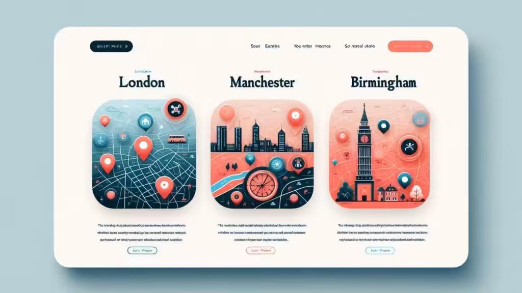 Example of a small business website with local landing pages targeting multiple UK cities